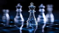 Crystal chess queen piece standing on dark chessboard with other transparent pieces in background, dramatic lighting creates strategic atmosphere. For business concepts.