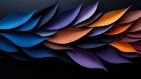 Colorful abstract paper leaves in blue, purple and orange arranged in overlapping layers against dark background creating dynamic composition and depth.