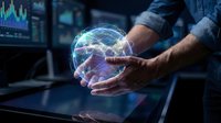 Businessman hands holding glowing digital brain with neural network connections over tablet in modern office with financial charts on background.