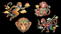 Monkey characters in traditional Asian style with ornate decorative details, isolated on transparent background. Ready for t-shirt design, clipart, stickers, print-on-demand products, and sublimation projects.