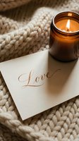 Cozy romantic flatlay with a lit amber candle and a calligraphy love note card resting on a soft knit blanket in warm neutral tones.