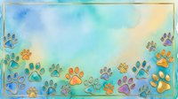 Colorful paw prints in watercolor style border a soft gradient sky background, creating a cheerful design suitable for pet-related projects, greeting cards, and animal-themed artwork.