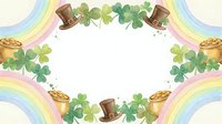 St. Patrick's Day frame with rainbow, shamrock clover leaves, leprechaun hats and gold coins on white background for festive greeting cards.