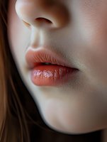 Close-up macro shot of glossy coral lips and nose against soft skin texture, showing natural beauty and facial features in intimate detail for beauty and cosmetic advertising.