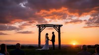 Romantic wedding ceremony silhouette under wooden arch at golden sunset with dramatic orange and purple sky clouds creating perfect outdoor celebration moment.