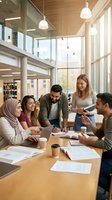 Diverse group of young professionals collaborating at wooden table in modern library with natural light, studying documents and sharing ideas for educational or business projects.