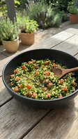 Tabbouleh salad with fresh parsley, tomatoes, and bulgur wheat in black bowl on wooden table with potted herbs and garden background for food styling and culinary content.