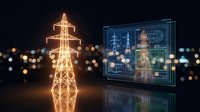 Digital power grid management system with glowing transmission tower and holographic control interface displaying electrical infrastructure data and monitoring.