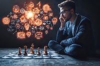 Young Caucasian businessman in casual wear contemplating chess strategy with glowing business icons and light bulbs floating above, representing strategic thinking and innovation.