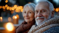 Senior Caucasian couple enjoying romantic evening outdoors with warm bokeh lights, wearing cozy knit scarves, sharing tender moment together in winter.