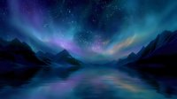 Mystical aurora borealis lights dance over tranquil mountain lake at night, with colorful reflections in still water and starry sky creating magical atmosphere.