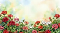 Watercolor geraniums in red, pink, and white bloom in terracotta pots against a soft pastel background with copy space.