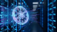 Futuristic holographic clock with glowing gears floating in server room with digital data streams and blue neon lighting for technology concepts.