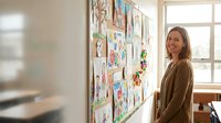 Smiling blonde Caucasian female teacher standing beside colorful student artwork display wall in bright classroom with natural window light for education.