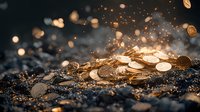 Golden coins scattered on dark surface with water splashes and bokeh light effects creating magical financial atmosphere for business and wealth concepts.