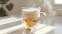 Steaming double-walled glass cup with hot tea and honey on white surface in morning sunlight, creating cozy atmosphere with window shadows and steam.