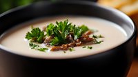 Creamy mushroom soup with fresh parsley garnish served in black bowl, comfort food for restaurants and home cooking recipes.
