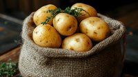 Fresh yellow potatoes in rustic burlap sack with green thyme sprigs on wooden surface, natural organic produce for healthy cooking and farm market.