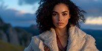 Young mixed race woman with curly dark hair wearing cozy white winter coat outdoors at sunset, natural beauty portrait against dramatic sky and mountain landscape.