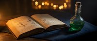 Ancient spellbook with green potion bottle on dark fabric surface with warm candlelight bokeh background for fantasy and magical themed designs.