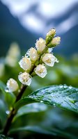 Delicate white spring blossoms covered in morning dew drops against blurred mountain background, macro photography showcasing nature's pure freshness.