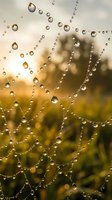 Morning dew drops on spider web with golden sunlight bokeh background creating natural abstract pattern for wellness and meditation designs.