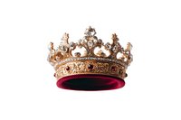 Ornate golden royal crown with intricate filigree details and red gemstones set against red velvet, isolated on white background for luxury design projects.