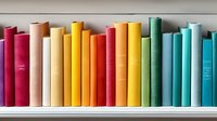 Colorful books arranged in rainbow spectrum order on white shelf, spines creating vibrant gradient from pink through yellow to turquoise. Perfect for education concepts.