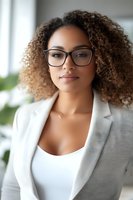 Young professional woman with curly hair wearing stylish glasses and light blazer in modern office environment. Perfect for business, education, or healthcare content.