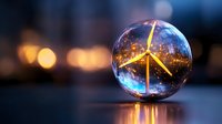 Glowing wind turbine inside crystal ball with city lights bokeh reflections on dark surface, renewable energy concept and sustainable future.