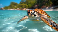 Green sea turtle swimming in crystal clear turquoise water near tropical beach, close-up underwater view showing detailed shell pattern and graceful movement.