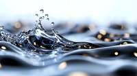 Dynamic water splash creating crown-shaped droplets against blurred bokeh background, macro photography capturing liquid motion and surface tension in blue tones.