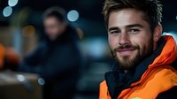 Young athletic Caucasian male with beard wearing bright orange winter jacket and dark base layer, smiling confidently outdoors at night with bokeh lights in background.