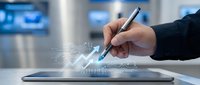 Hand holding stylus on tablet with glowing upward arrow and financial data visualization, representing digital business growth, analytics, and financial planning for corporate presentations.