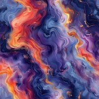 Abstract fluid art pattern with swirling orange and purple waves creating dynamic marble effect. Seamless design for fabric, wallpaper and creative projects.