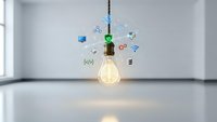 Glowing light bulb with digital technology icons floating around in modern white interior space representing innovation and smart solutions.