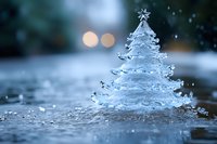 Magical water splash forming Christmas tree shape with bokeh lights in background, frozen motion photography capturing crystalline liquid sculpture on wet surface.