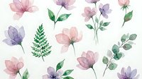 Watercolor floral elements set with pink and purple flowers, green leaves and branches isolated on transparent background for design projects.