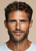 Caucasian male model with blue eyes and trimmed beard showing before and after skin retouching comparison, demonstrating professional photo editing results.