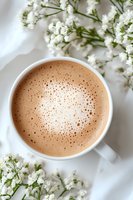 Frothy cappuccino in white ceramic cup surrounded by delicate baby's breath flowers on light background, creating soft romantic morning atmosphere.