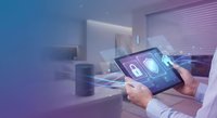 Smart home automation control tablet interface with IoT connectivity in modern living room with purple ambient lighting for technology applications.