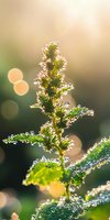 Morning dew drops sparkle on green plant leaves against sunrise light creating magical bokeh effect, macro nature photography with soft golden glow.