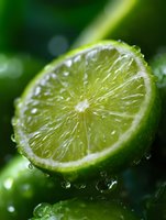 Fresh cut lime with water drops on dark green background, macro photography showing juicy citrus texture and refreshing moisture for cocktail and beverage concepts.