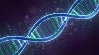 Glowing DNA double helix structure with luminous blue and green light effects against dark cosmic background for genetic research and biotechnology.