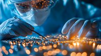 Scientist in protective gear examining miniature illuminated city model with glowing lights and reflections in dramatic blue laboratory setting. Futuristic research concept.