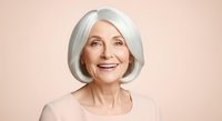 Senior woman with short white hair and fair complexion smiling against neutral beige background, suitable for healthcare, wellness, aging, lifestyle and portrait stock use.