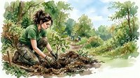 Young woman gardener planting seedlings in organic vegetable garden with lush greenery and natural landscape background for sustainable farming concepts.