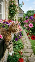 Tabby cat sitting among colorful petunias in charming cottage garden with stone pathway and climbing roses on rustic wall during summer day.