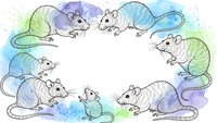 Watercolor mice frame border with cute rodents in pastel colors creating decorative space for text or design elements on white background.