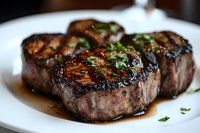 Grilled beef medallions with caramelized crust garnished with fresh herbs on white plate, shallow depth of field highlighting juicy meat texture.